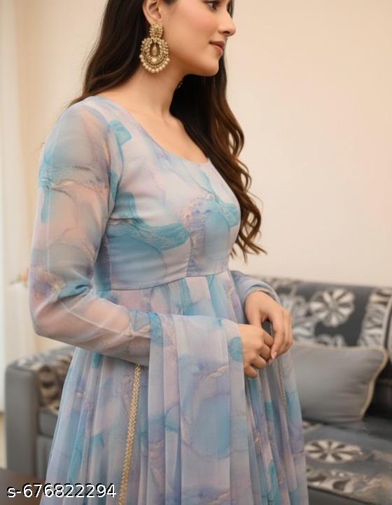 Anveri Women Printed Georgette Anarkali Gown with Dupatta | Party Wear Long Dress