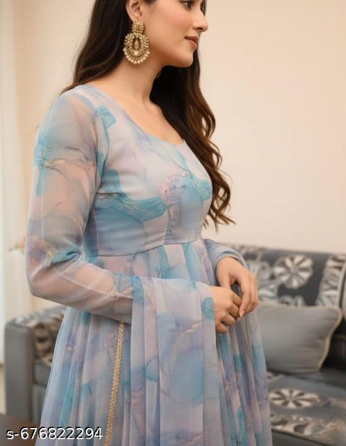 Anveri Women Printed Georgette Anarkali Gown with Dupatta | Party Wear Long Dress
