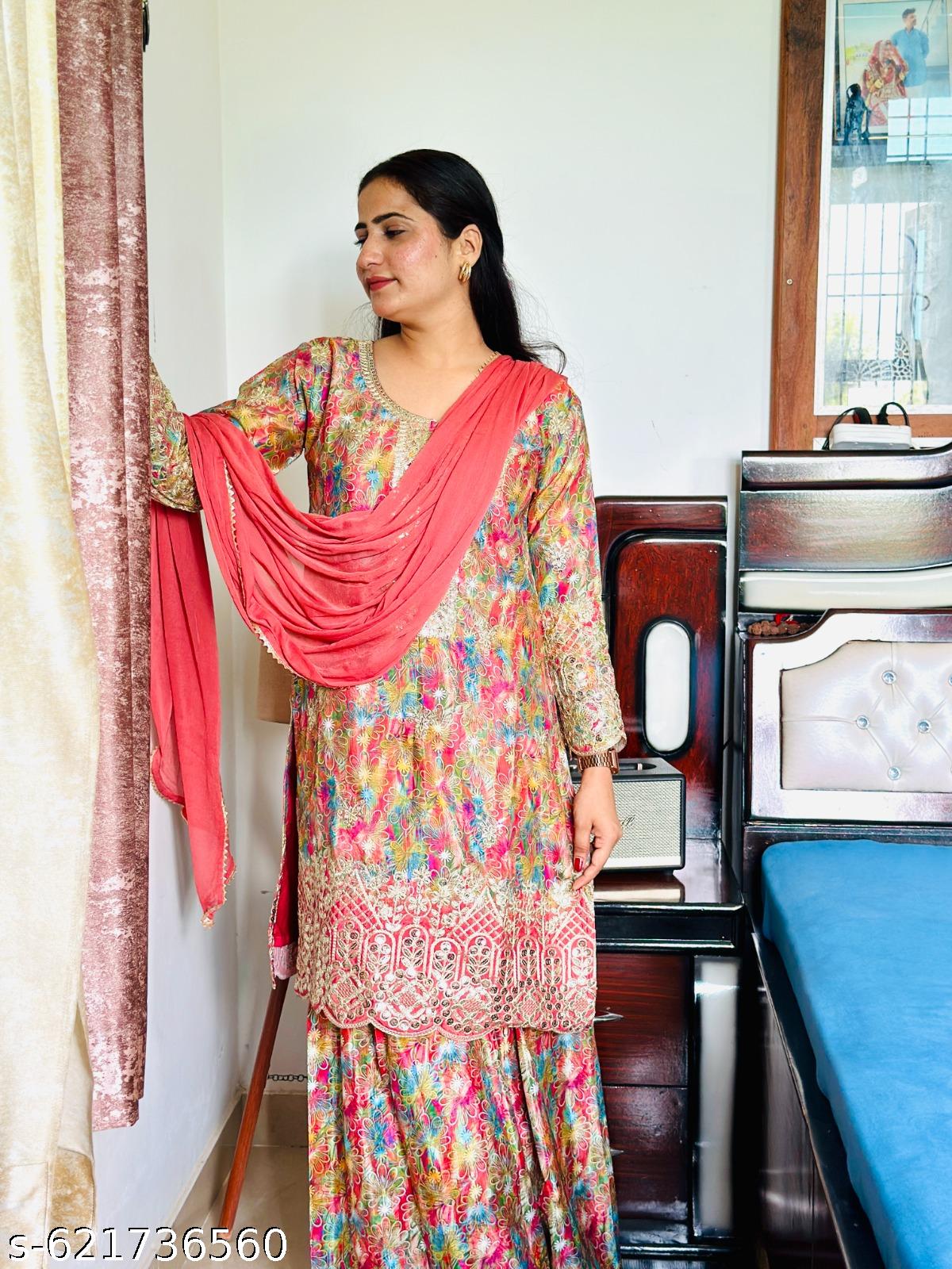 Anveri Women Floral Printed Kurta Sharara Set with Dupatta | Party Wear Wedding Festive Ethnic Suit