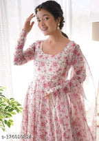 Anveri Women Floral Printed Anarkali Kurta with Dupatta | Elegant Party Wear & Festive Ethnic Gown