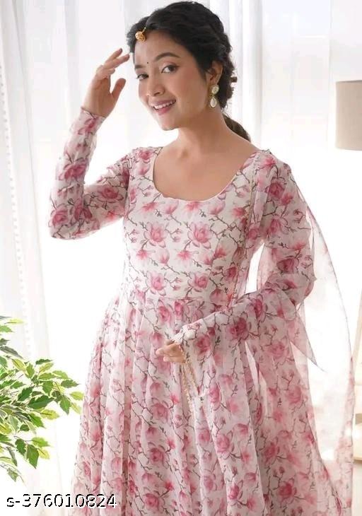Anveri Women Floral Printed Anarkali Kurta with Dupatta | Elegant Party Wear & Festive Ethnic Gown