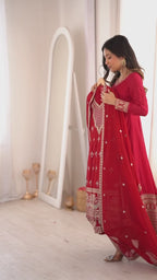 ANVERI TEXTILES  Women’s Red Embroidered Kurta Sharara Set with Dupatta | Traditional Ethnic 3-Piece Suit Set | Festive, Wedding & Party Wear