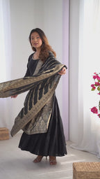 Women’s Black Anarkali Dress with Embroidered Dupatta