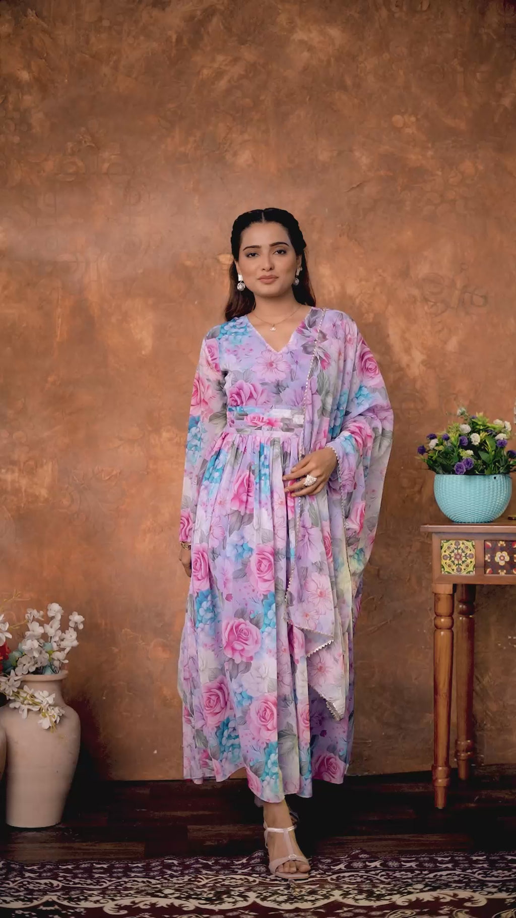 Elegant Georgette Ankle-Length Gown with Floral Printed Dupatta