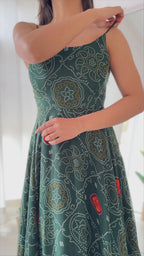 ANVERI TEXTILES  Women’s Bottle Green Printed Anarkali Gown with Dupatta | Flared Ethnic Dress Set with Traditional Motif Print for Festive, Wedding & Party Wear