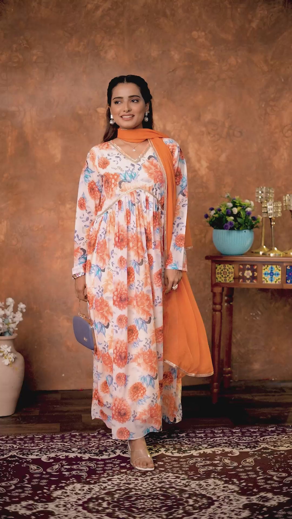 Floral White Georgette Gown with Orange Dupatta