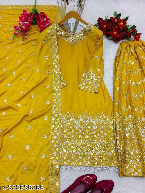 Elegant Embroidered Yellow Kurta Sharara Set with Dupatta for Women