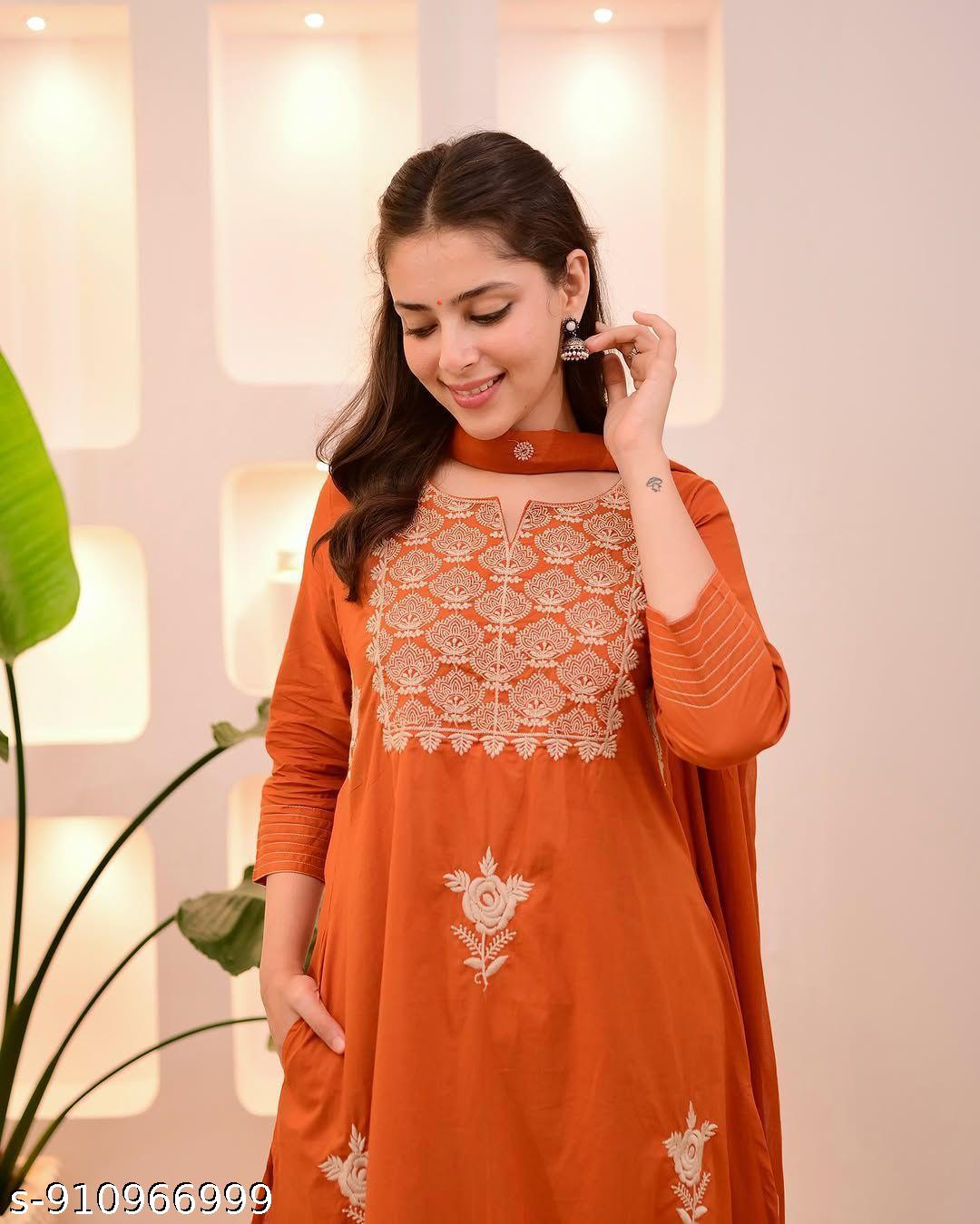 Anveri Elegant Rust Orange Embroidered Kurta Set with Dupatta