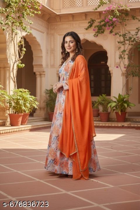 Anveri KING Women Printed Georgette Anarkali Gown with Dupatta | Party Wear Long Dress