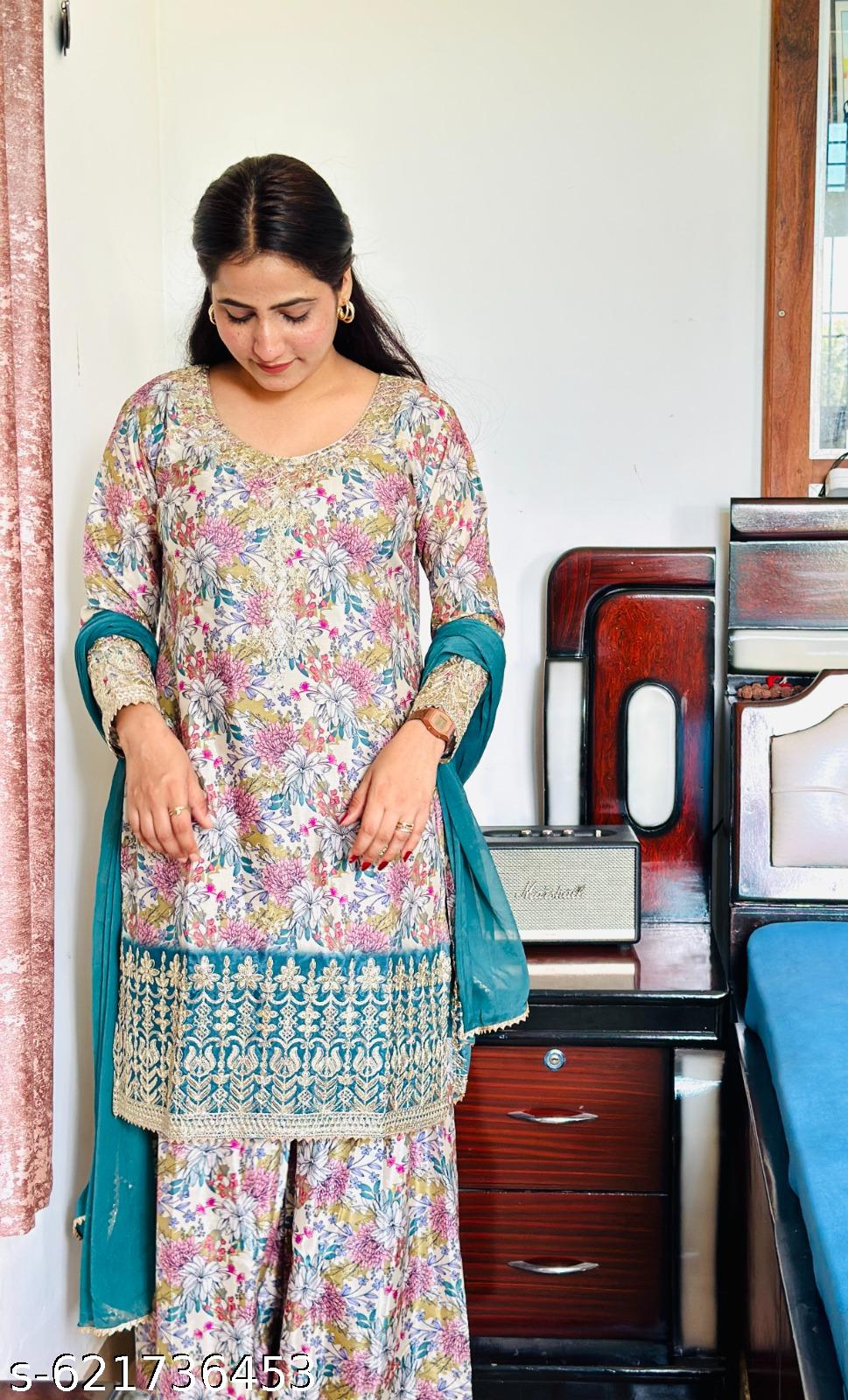 Anveri Women Floral Printed Kurta Set with Dupatta  Straight Kurta & Palazzo Set | Embroidered Hemline | Festive, Party & Daily Wear Ethnic Suit for Women