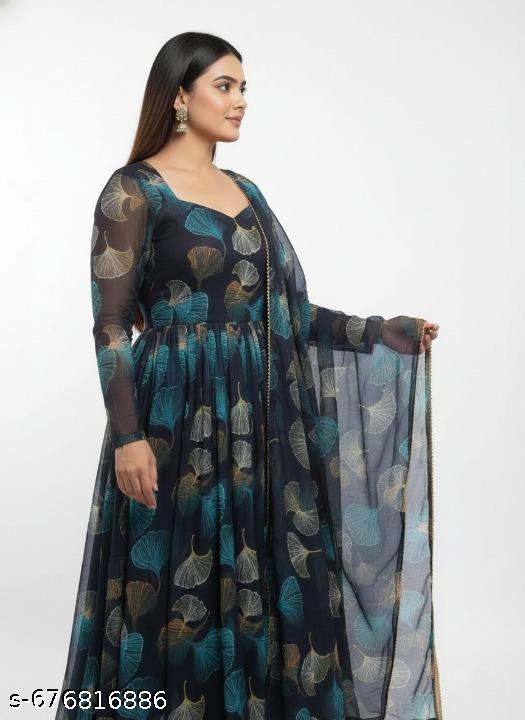 Anveri Women Printed Georgette Anarkali Gown with Dupatta