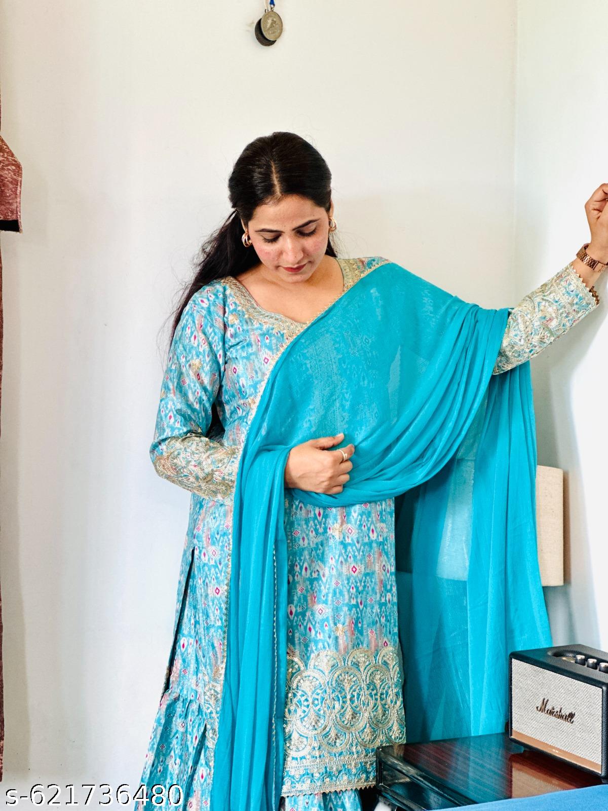 Anveri Women Blue Printed Kurta Sharara Set with Dupatta | Party Wear Wedding Festive Ethnic Suit