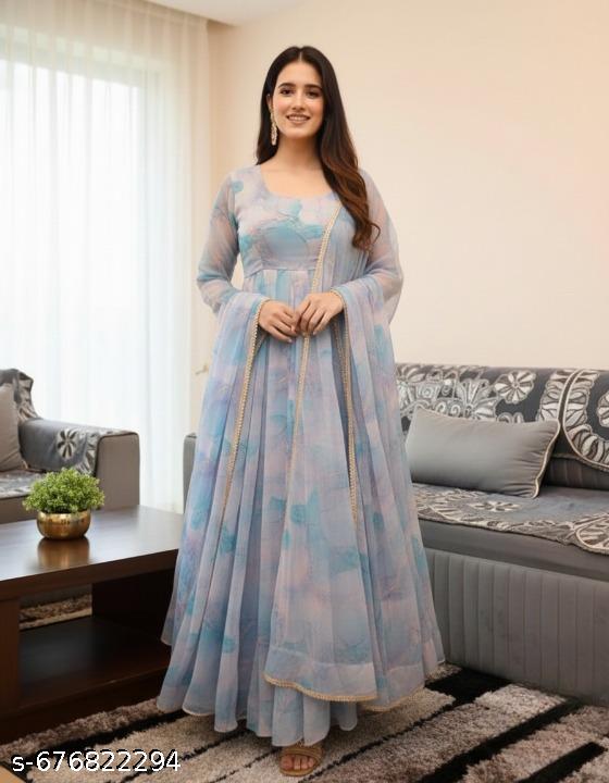 Anveri Women Printed Georgette Anarkali Gown with Dupatta | Party Wear Long Dress