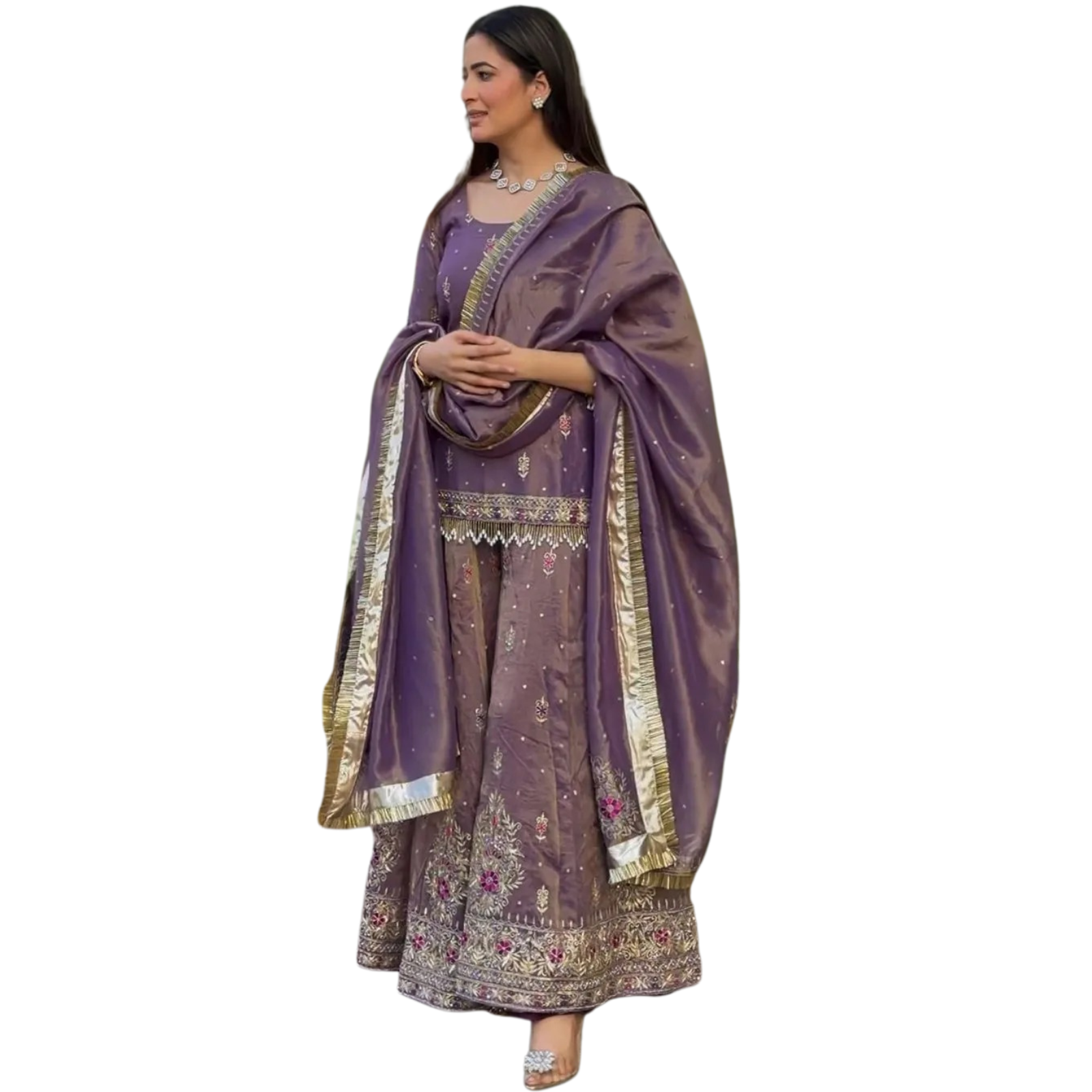 Anveri  Textiles Purple Net Embroidered Kurti Sharara Dupatta Set for Women – Round Neck, 3/4th Sleeves, Above Knee Length Kurta – Ethnic Party Wear Dress Ensemble