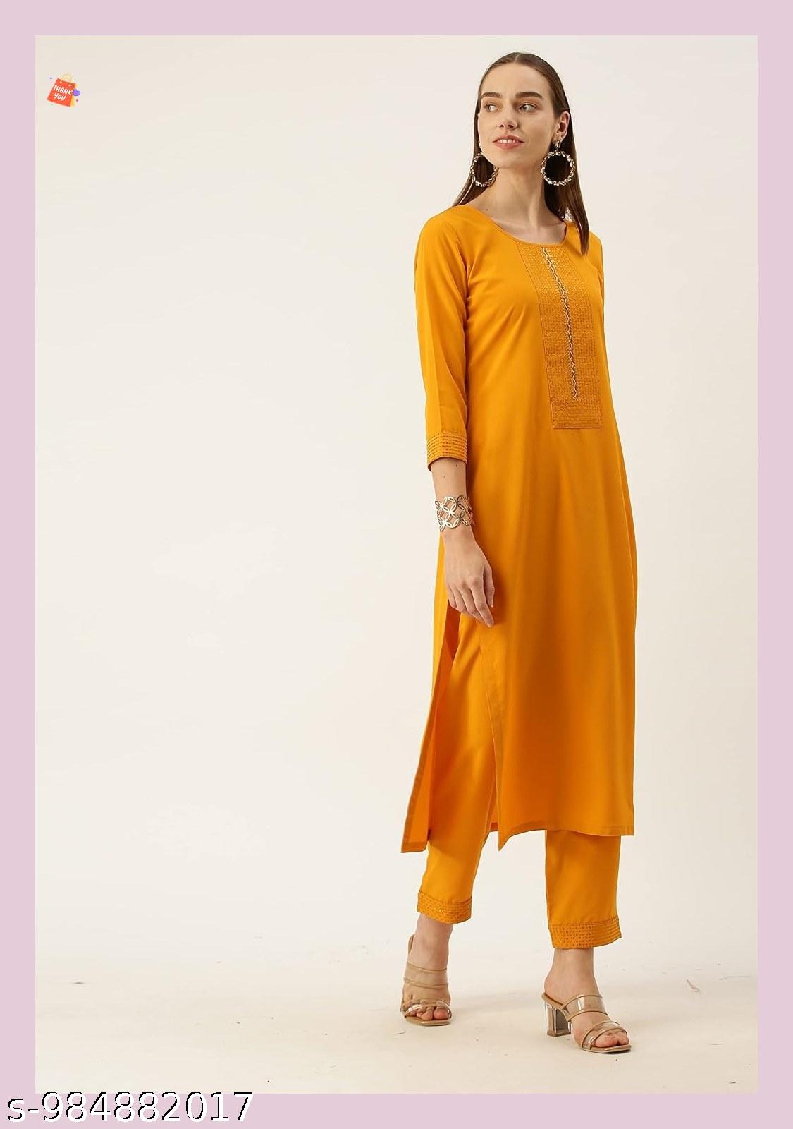 Anveri Women's Orange Embroidered Straight Kurta Pant Set