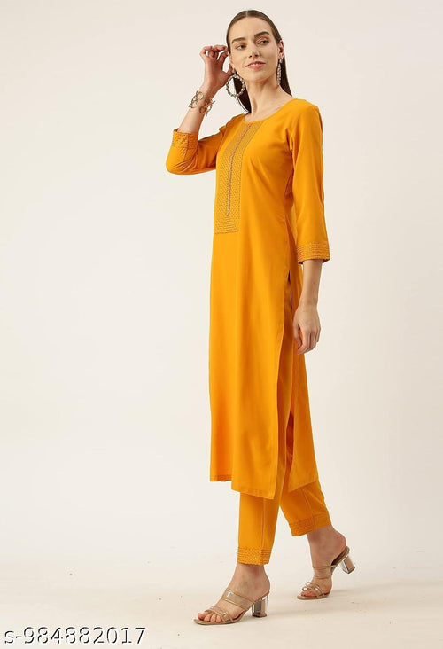 Anveri Women's Orange Embroidered Straight Kurta Pant Set