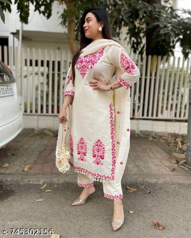 Anveri Women Cream & Pink Floral Embroidered Kurta Set with Dupatta | Ethnic Wear Straight Kurta Pant Set for Festive, Party & Daily Wear