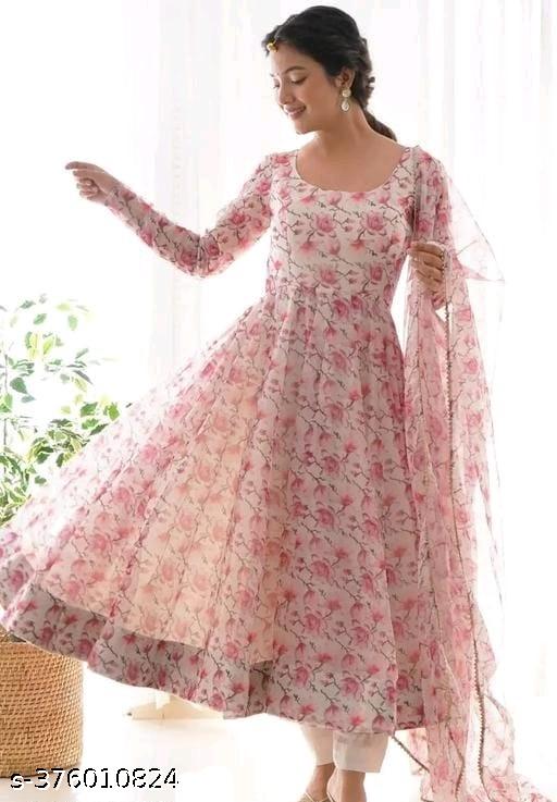 Anveri Women Floral Printed Anarkali Kurta with Dupatta | Elegant Party Wear & Festive Ethnic Gown