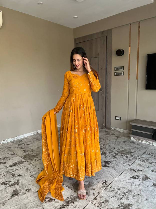 Elegant Yellow Ankle-Length Anarkali with Dupatta