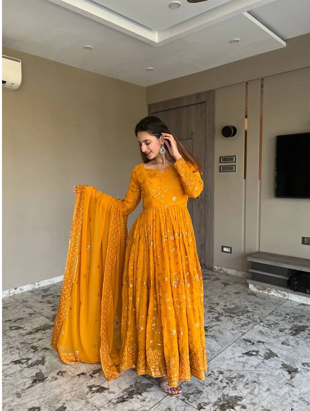 Elegant Yellow Ankle-Length Anarkali with Dupatta