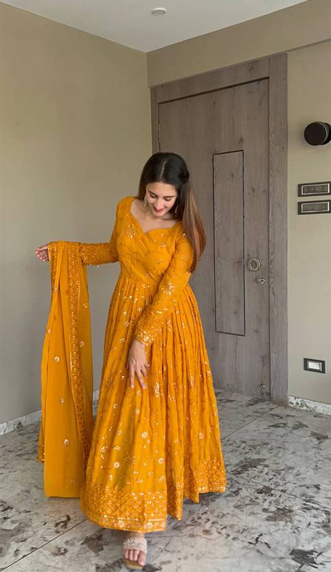 Elegant Yellow Ankle-Length Anarkali with Dupatta