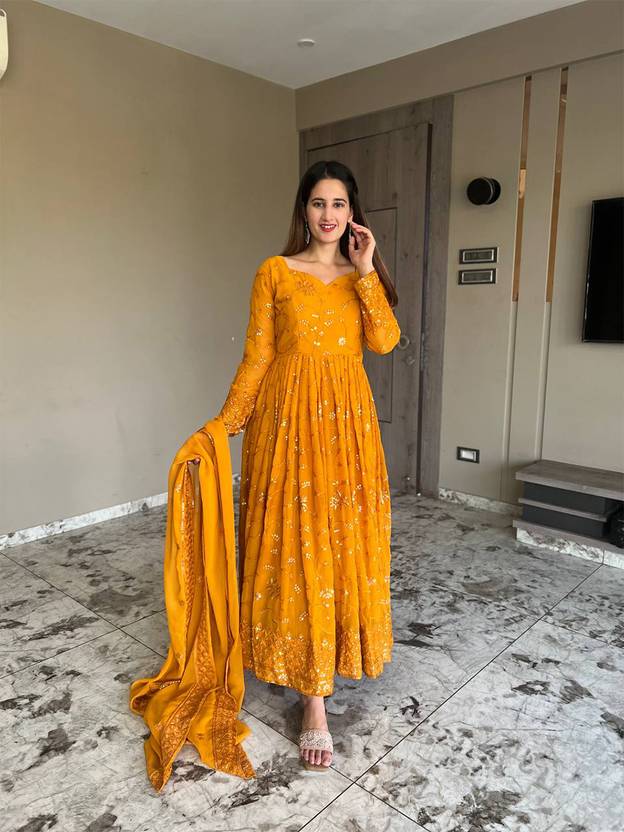 Elegant Yellow Ankle-Length Anarkali with Dupatta