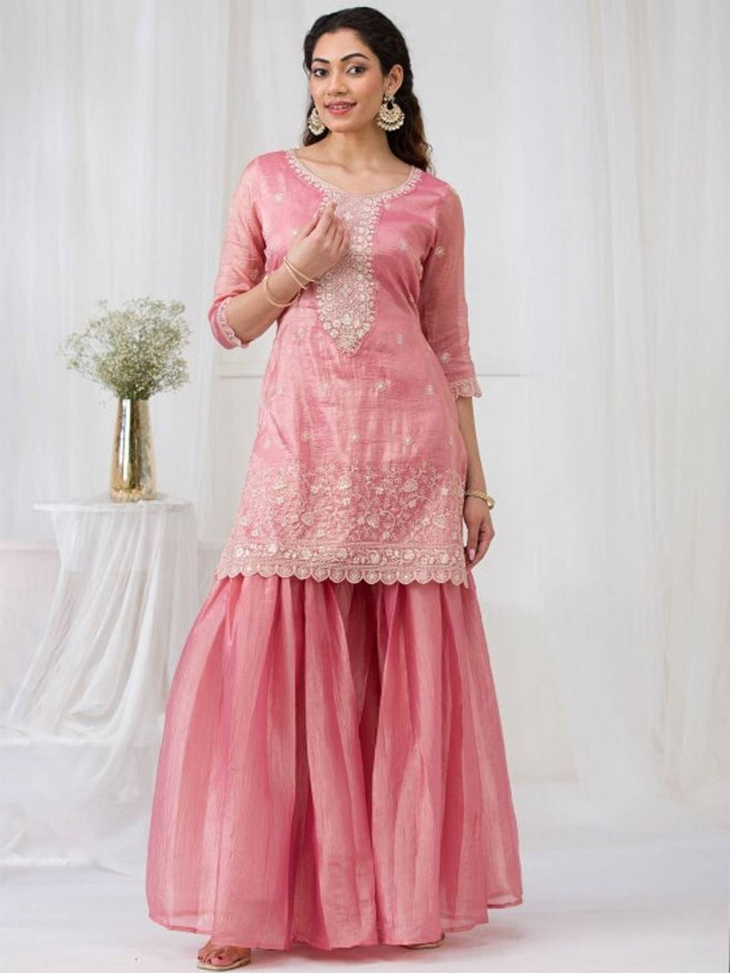 Blush Pink Embroidered Kurta Sharara Set