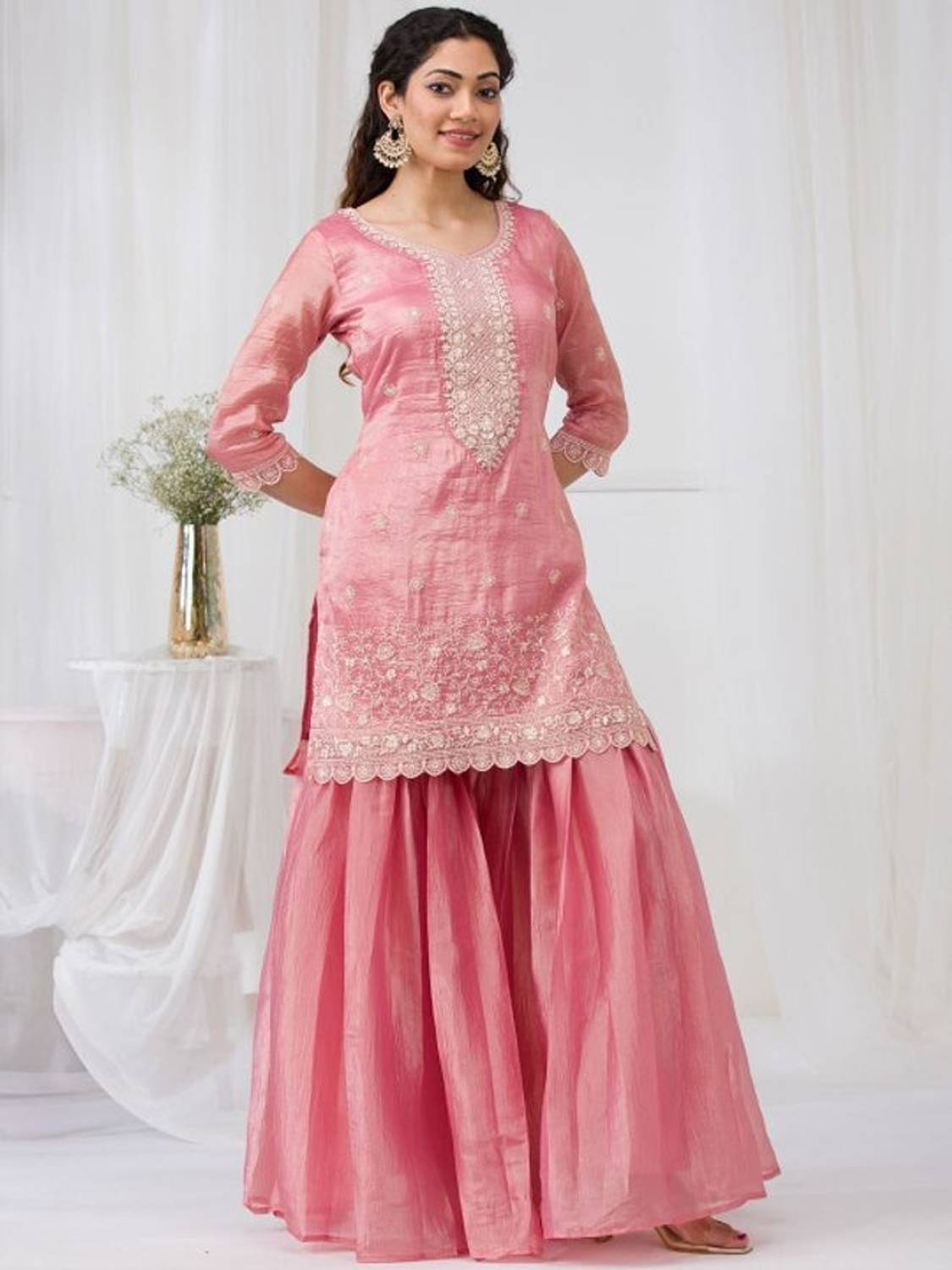 Blush Pink Embroidered Kurta Sharara Set