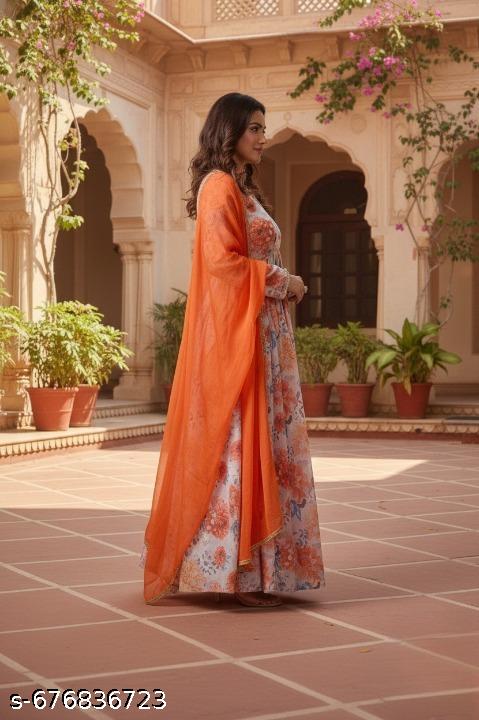 Anveri KING Women Printed Georgette Anarkali Gown with Dupatta | Party Wear Long Dress