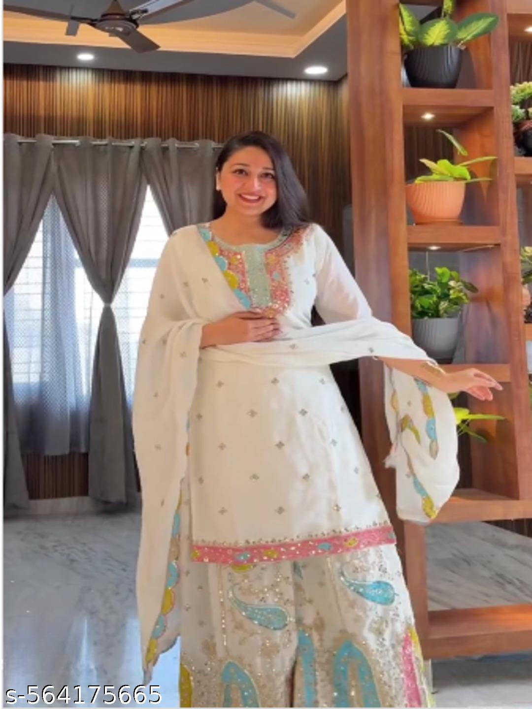 Anveri Elegant White Georgette Kurta Set with Multicolor Embroidery & Dupatta – Festive Ethnic Wear for Women