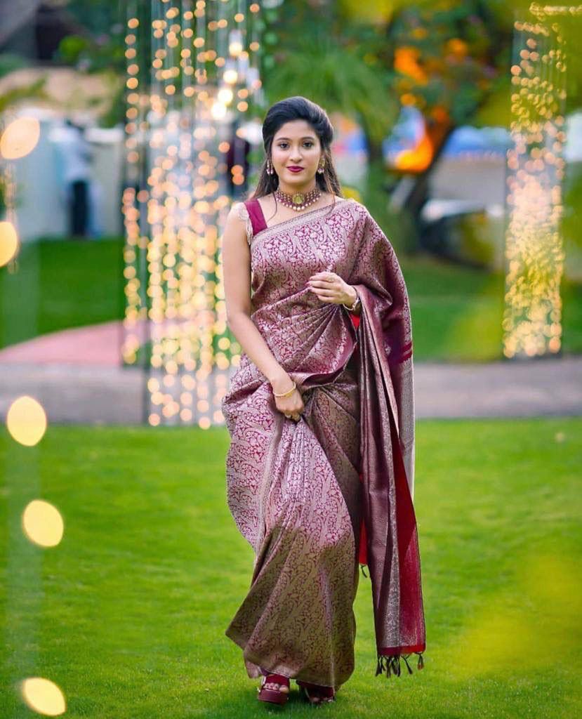 Maroon Designer Gorgeous Look Zari Butta Woven Satin Silk Saree – Ranjvani