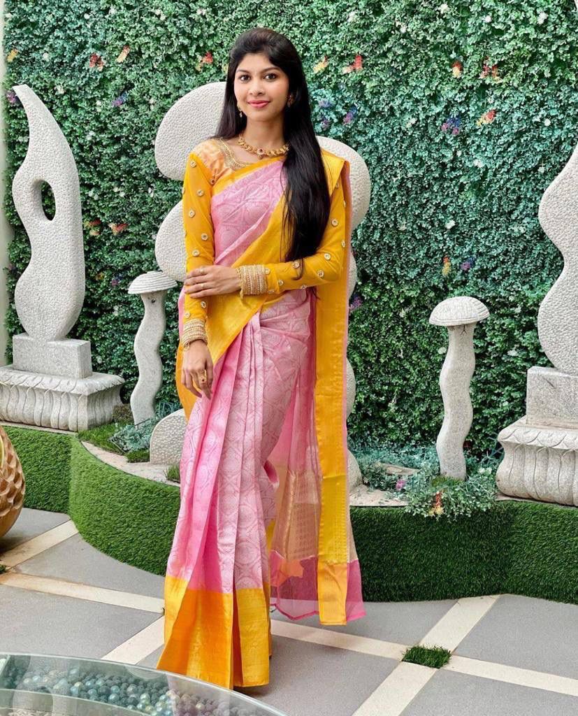 Georgette Yellow and Orange Color Combination Saree with Blouse Piece at Rs  1540 in Surat